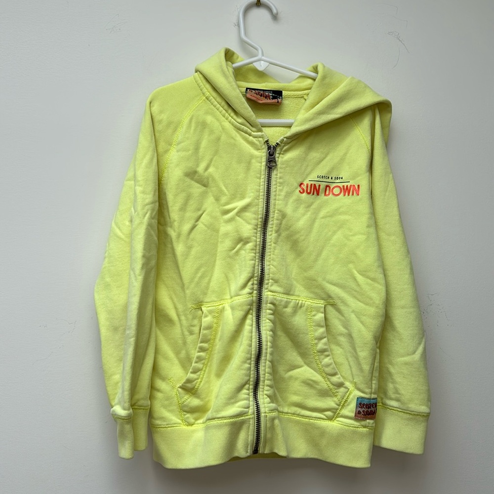 Scotch r’belle neon yellow zip up hoodie cotton sweatshirt size 8 kids